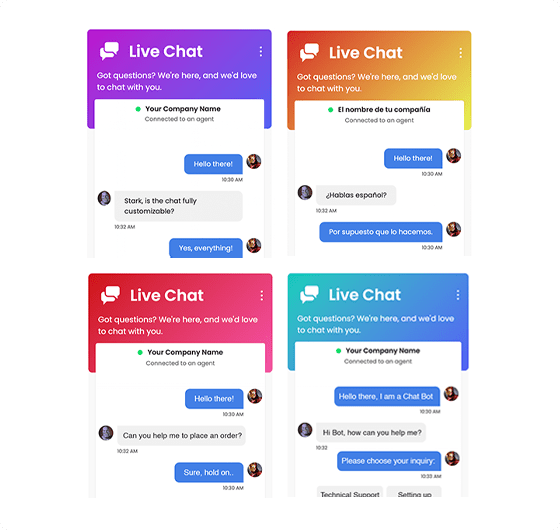 A collection of four colorful live chat interface samples, showcasing customizable chat windows with different greetings and interactive prompts for a seamless customer service experience.